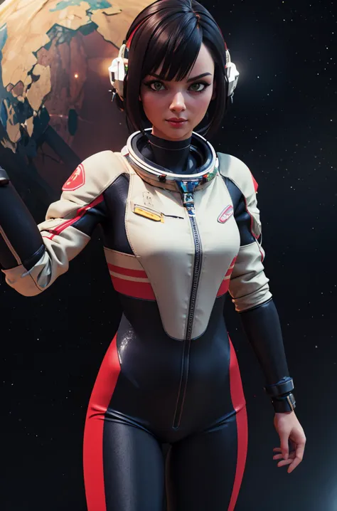 a close up of a woman in a space suit holding a gun