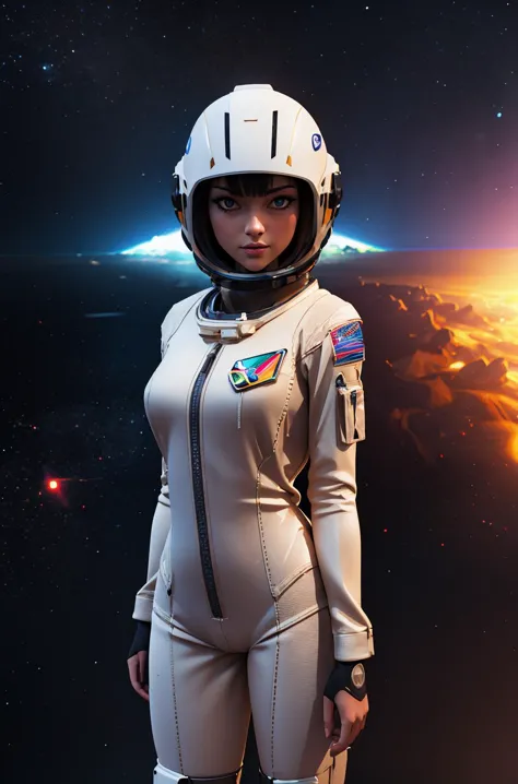 8K, (masterpiece*high detailed*highres), UHD, distinct image, (Cowboy shot), redshit style, (3D:1.4), 
Solo, looking at viewer, hairstyle, astronaut, Guardian, Neon Style, 
space,((female pov)),