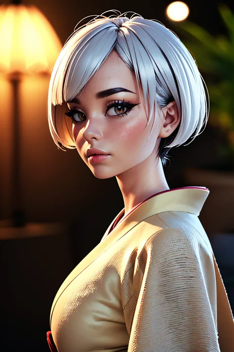 8K, (masterpiece*high detailed*highres), (portrait shot), front view, sharp focus, RedShift style, (3D:1.5), Natural volumetric lights, soft ligthing,
Solo, mature woman, looking at viewer, Slim Curvy body, large breast,
Straight bob with side-swept bangs, White Hairs color,
Kimono,
Black unicolor background