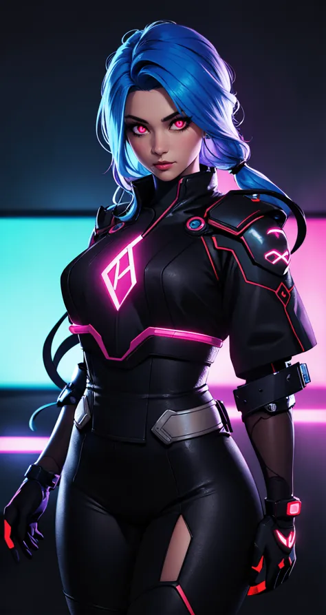 a woman in a futuristic outfit with blue hair and neon lights