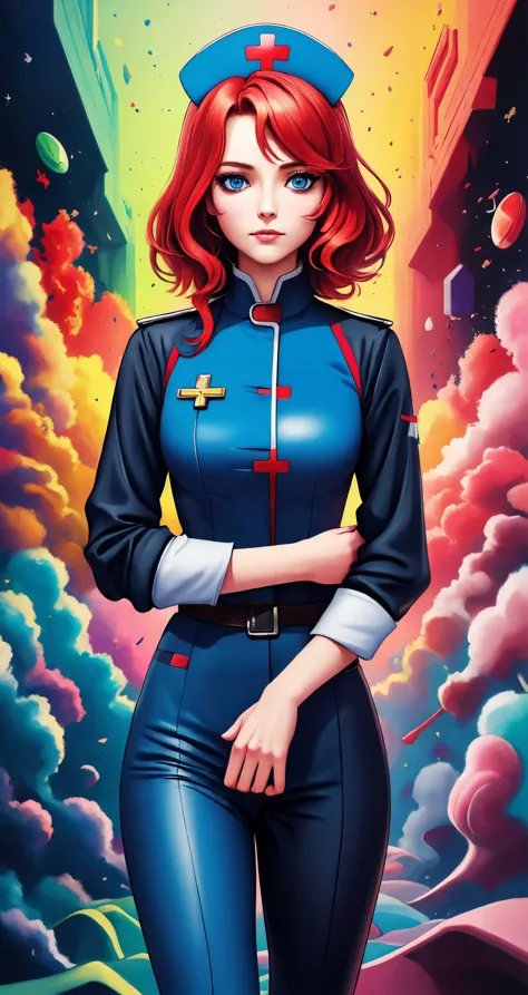 a woman in a blue uniform stands in front of a colorful sky