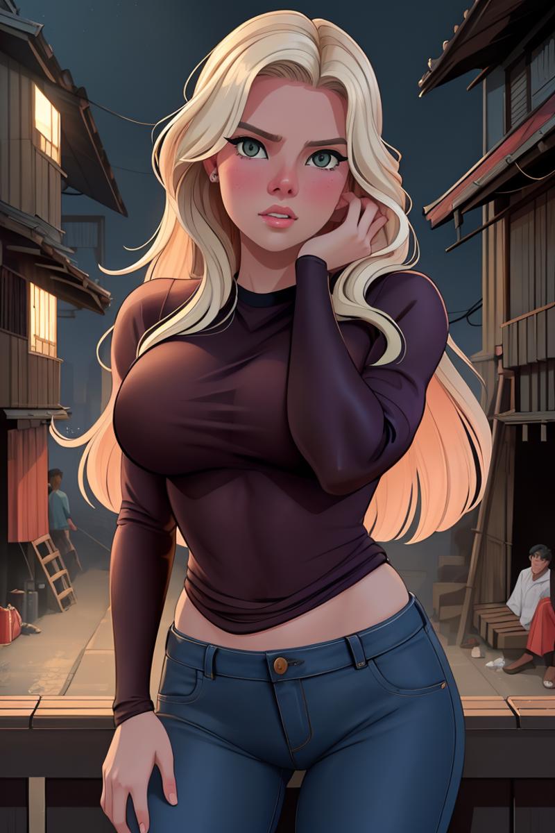 A cartoon image of a blonde woman in jeans and a black top - SeaArt AI