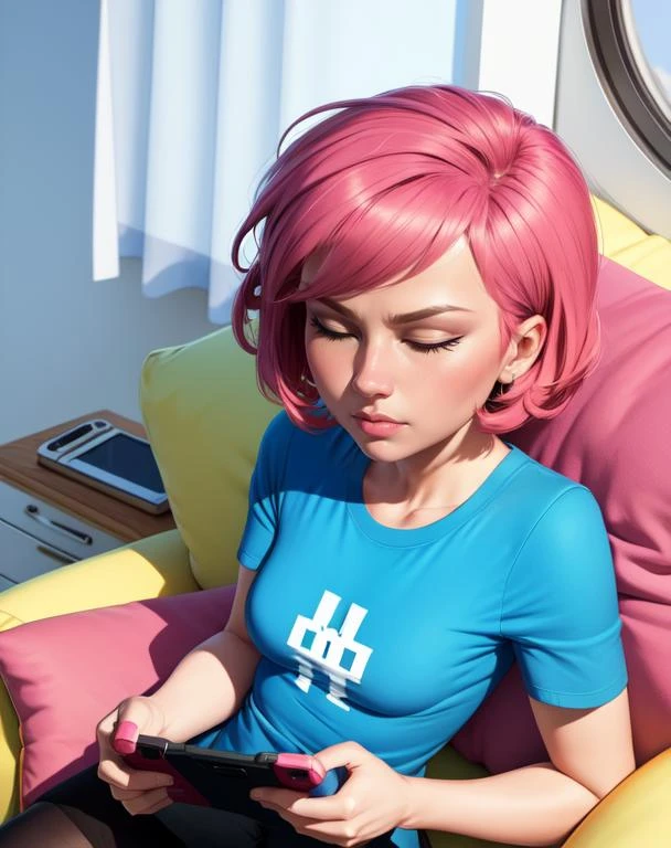 Gaz, short pink hair, closed eyes, blue shirt with white logo, skirt,  short sleeves, pantyhose, sitting, dark room,  night, window, 
on couch, playing handheld game console, (insanely detailed, beautiful detailed face, masterpiece, best quality)
 