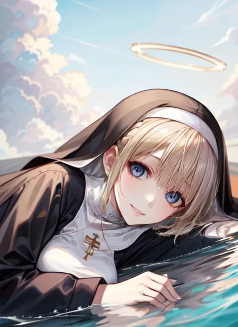 ((best quality)), ((highly detailed)), masterpiece, (detailed eyes, deep eyes), (1girl), lying, on side, <lora:hairdetailer:.7>, ((angel)), angelic, large white wings, symmetrical wings, (halo), golden glow, calm smile, short hair, flowing (nun's habit), (cross), Khaki hair, blue eyes, (floating hair), (clouds), (at an island, midday), <lora:suujinikuv5:1>, suujiniku