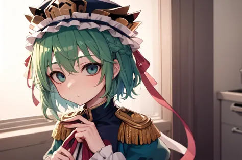 masterpiece, suujiniku, shiki eiki, thighhighs, short hair, asymmetrical hair, black green hair, wide sleeves, long sleeves, puffy sleeves, blue vest, epaulettes, upper body, frills, flower, bow, rod of remorse, blue eyes, bangs, frilled hat, hat ribbon, red ribbon, juliet sleeves, white shirt, green eyes, (yokozuwari:1.27628),, atmospheric perspective, kitchen