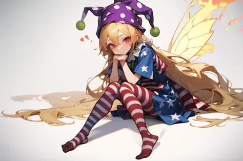 masterpiece, suujiniku, clownpiece, jester cap, star print, fairy wings, pink eyes, short sleeves, polka dot headwear, short dress, hair between eyes, blonde hair, standing, torch, bangs, american flag dress, very long hair, full body, striped dress, star \(symbol\), purple headwear, striped pantyhose, hat, red eyes, neck ruff, american flag legwear, butterfly sitting pose, holding feet, from behind,extreme close-up shot, sanctuary