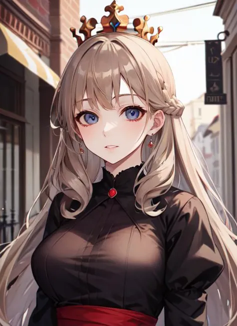 ((best quality)), ((highly detailed)), masterpiece, extremely detailed face, beautiful face, (detailed eyes, deep eyes), (1girl), upper body, princess, ((very long hair)), curly hair, light brown hair, large dress, crown, (in a town, afternoon), <lora:suujinikuv5:1>, suujiniku