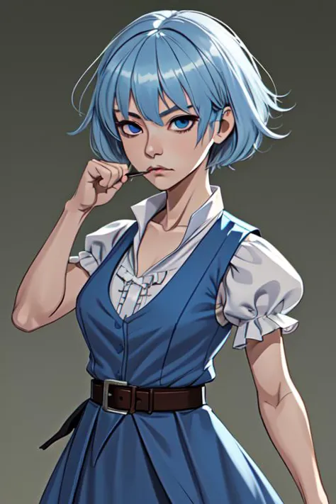 masterpiece, suujiniku, kaku seiga, closed mouth, belt, blue hair, white vest, hair stick, shawl, blue eyes, open clothes, bangs, flower, collarbone, hair ornament, upper body, open vest, blue dress, frills, puffy short sleeves, short hair, hagoromo, hair rings, puffy sleeves, hair between eyes, drill hair, punching, fighting stance, cowboy shot, military base,
 <lora:suujinikuv5:1>