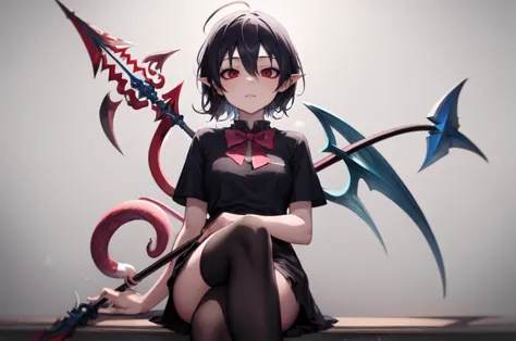 masterpiece, suujiniku, houjuu nue, zettai ryouiki, asymmetrical wings, hair between eyes, weapon, black dress, snake, red wings...