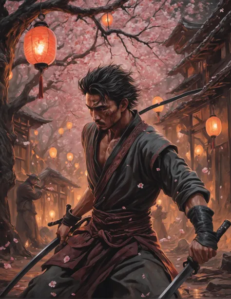 a painting of a man with a sword in a forest