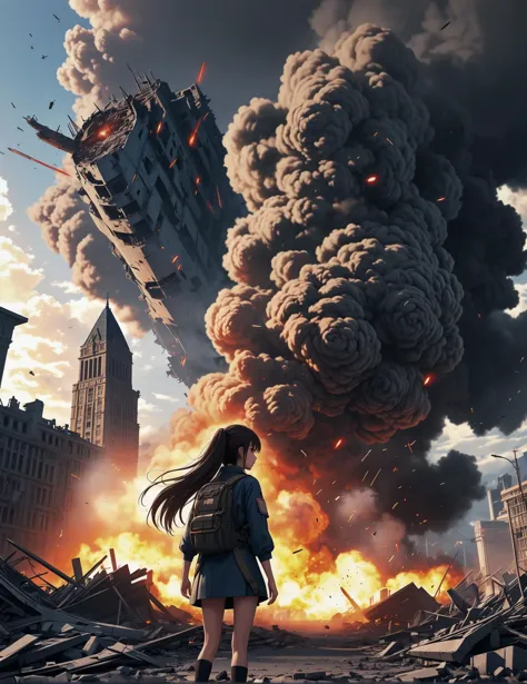 a woman stands in front of a huge explosion of smoke and debris