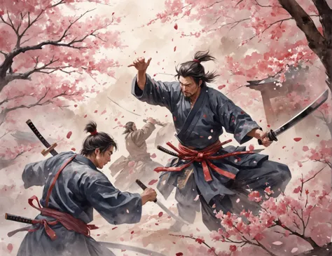 painting of two samurais in a forest with pink flowers