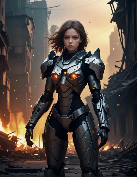 a woman in a futuristic suit standing in front of a fire