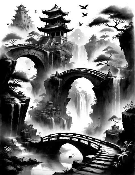 a black and white painting of a bridge over a waterfall