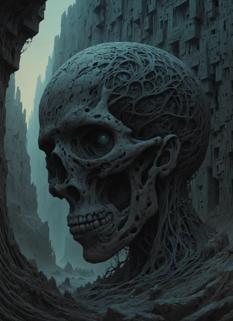 a close up of a skull head in a city with a sky background