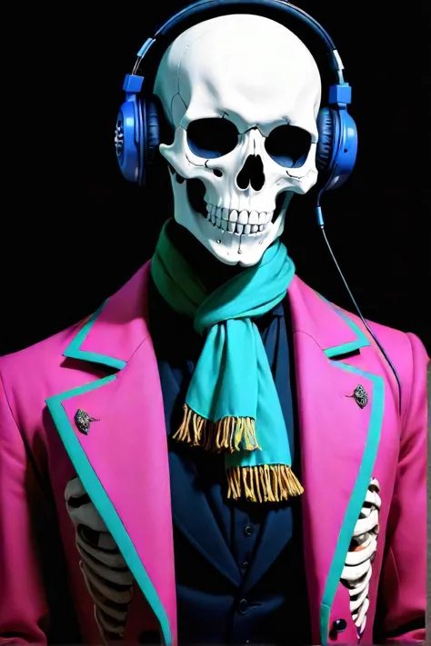 skull wearing headphones and a pink jacket with a green tie