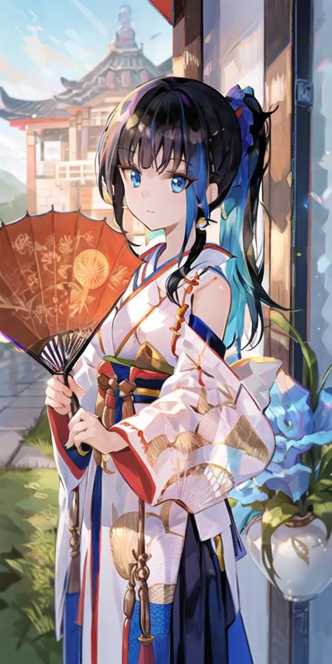 1girl, architecture, armpit crease, bare shoulders, black hair, blue eyes, blue hair, blue theme, breasts, closed mouth, cloud, colored inner hair, detached sleeves, dusk, east asian architecture, expressionless, folding fan, hakama, hakama short skirt, hakama skirt, hand fan, high ponytail, japanese clothes, kimono, long hair, long sleeves, looking at viewer, medium breasts, multicolored hair, obi, ponytail, sash, shade, sidelocks, skirt, sky, sleeves past fingers, sleeves past wrists, solo, standing, sunlight, two-tone hair, wide sleeves, bangs, blue sky, umbrella, outdoors, day, white kimono, chromatic aberration, blue skirt, pleated skirt, <lora:fuzi-loha-v2a:1>