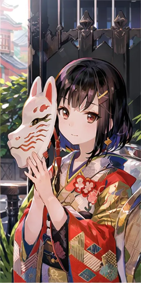 a woman in a kimono outfit holding a mask and a cat