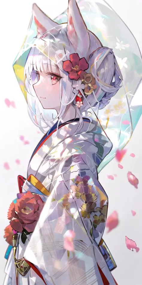 anime girl with a cat ears and a white dress holding a flower