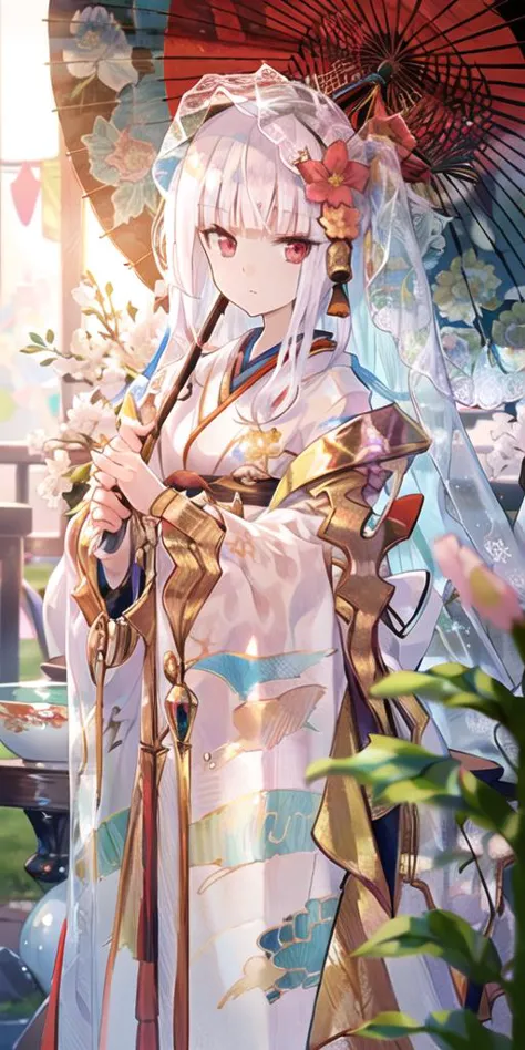 1girl, branch, cherry blossoms,expressionless, flower, hair ornament, holding, holding umbrella, japanese clothes,lantern, long hair, long sleeves, looking at viewer, oil-paper umbrella, paper lantern, pink flower, red eyes, rope, see-through, sitting, solo, tassel,veil, white kimono, wide sleeves, white hair, bangs, tree,uchikake,sleeves past wrists, closed mouth, very long hair, floral print, sleeves past fingers, <lora:fuzi-loha-v2a:1>