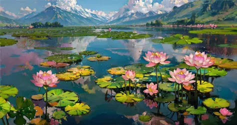 (masterpiece), best quality, landscape, oil painting, lotus flower lake, crystal clear water, pink lotus flowers, mid day sky,  ...