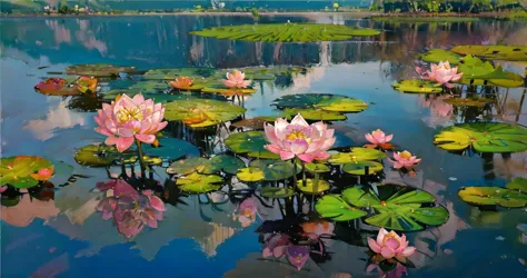 (masterpiece), best quality, landscape, oil painting, lotus flower lake, crystal clear water, pink lotus flowers, mid day sky,  ...