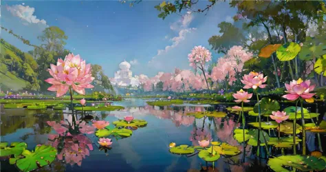 (masterpiece), best quality, landscape, oil painting, lotus flower lake, crystal clear water, pink lotus flowers, mid day sky,  ...