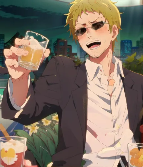 anime guy with glasses holding a glass of beer and a plate of fruit