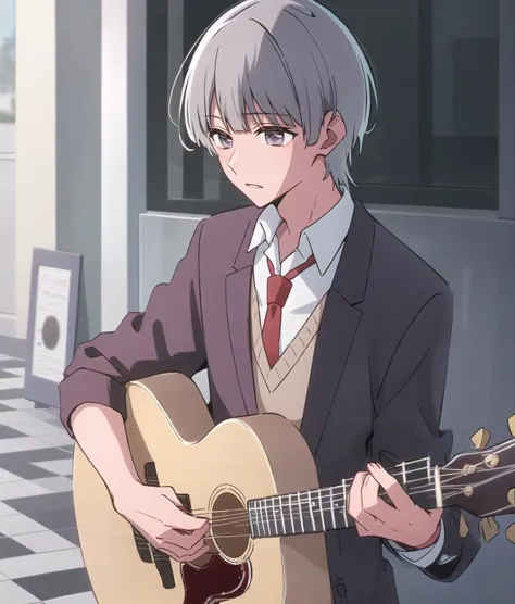 MorimotoKengo; fanart; solo, fingers, hand, playing guitar,  1boy, guitar, necktie, instrument, table, shirt, outdoors, grey hair, red necktie, male focus, playing instrument, school uniform, checkered floor
<lyco:oshinoko-s1-step-60000:1.0>