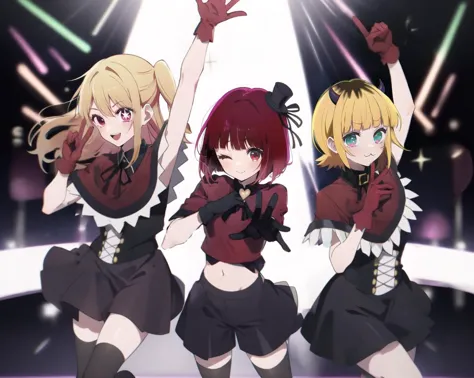 three anime girls in short skirts and black tops are dancing