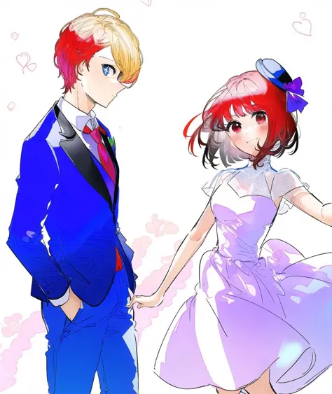 anime couple dressed in formal attire standing next to each other