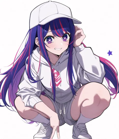 anime girl kneeling down with purple hair and a white cap