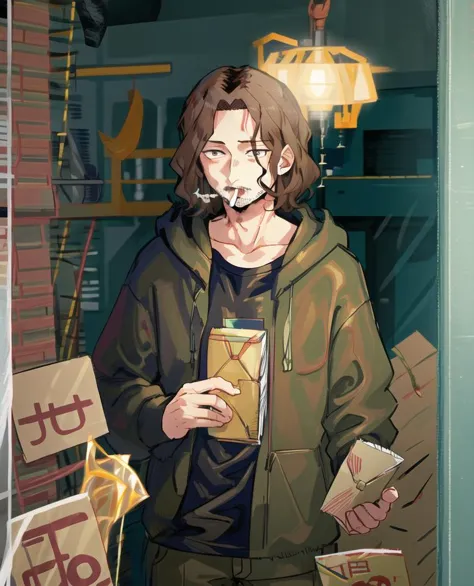 anime - style illustration of a man holding a drink and a box of food