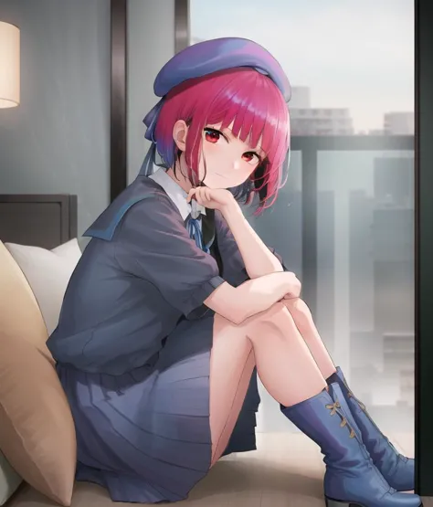 anime girl sitting on a bed with her legs crossed