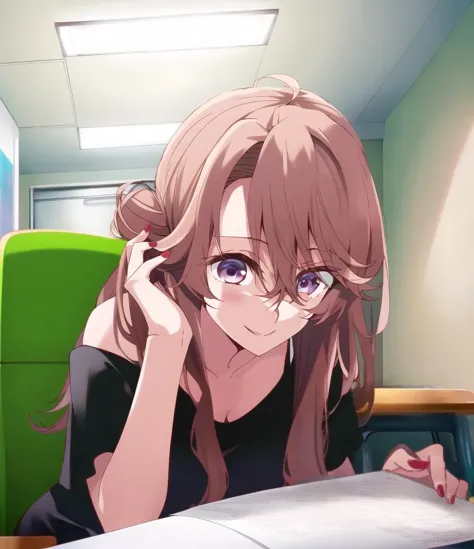 anime girl sitting at a desk with a computer and a book