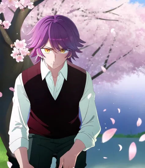 NarushimaMelt; cowboy shot, taking the knee, solo, 1boy, vest, black vest,  white shirt, cherry blossoms, male focus, outdoors, tree, purple hair, shirt, collared shirt, yellow eyes
intricate details
The young boy knelt on one knee, the vibrant pink petals of the cherry blossom trees framing him on either side. The gentle breeze carried the sweet fragrance of the blossoms, filling the air with a delicate perfume.
<lyco:oshinoko-ep04-cs2-loha-step-30000:1>