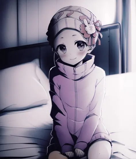 anime girl sitting on a bed with a headband on