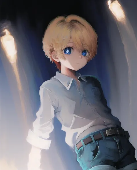 anime boy with blue eyes and a white shirt standing in front of a light