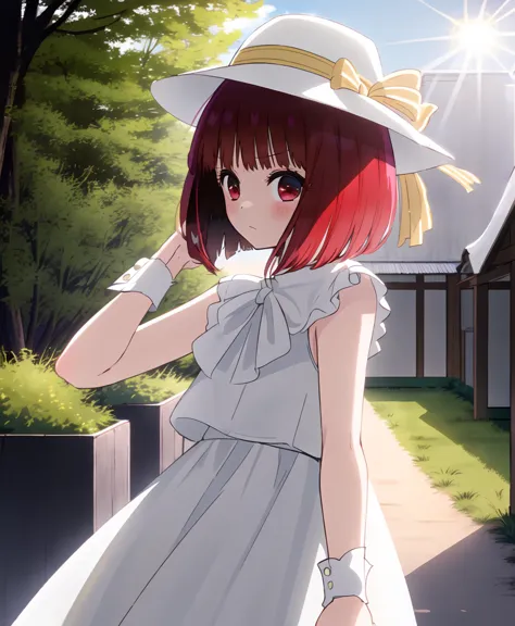 anime girl in a white hat and dress standing in front of a fence