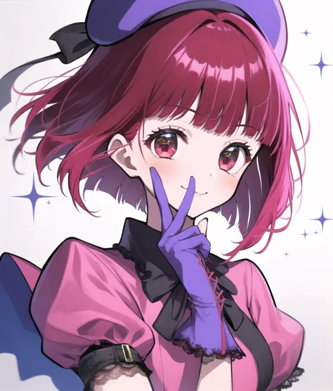 anime girl with red hair and purple gloves holding her finger up