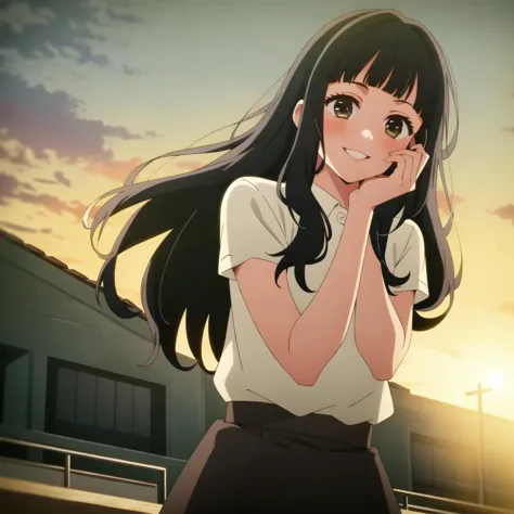 anime girl with long black hair and white shirt standing in front of a building