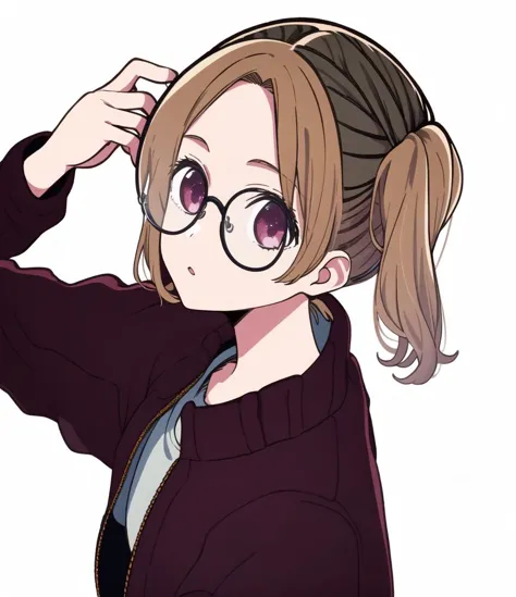 a woman with glasses and a ponytail is looking at something