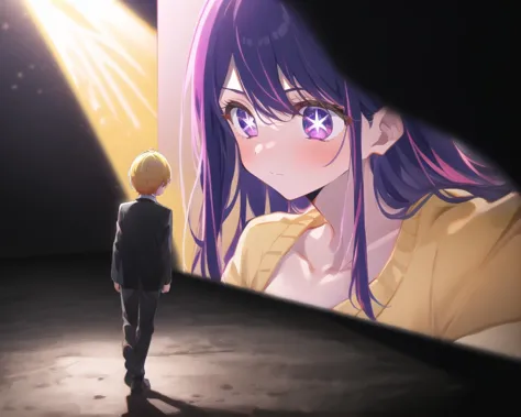 anime character looking at a large screen with a light shining on it