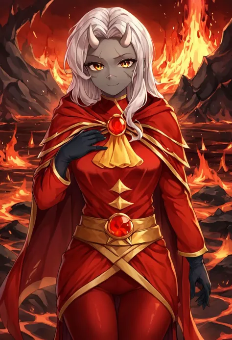 a woman in a red outfit standing in front of a fire