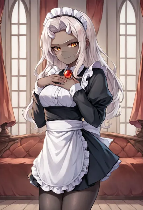 a woman in a maid outfit holding a red apple