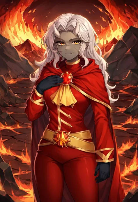 a woman in a red outfit standing in front of a fire