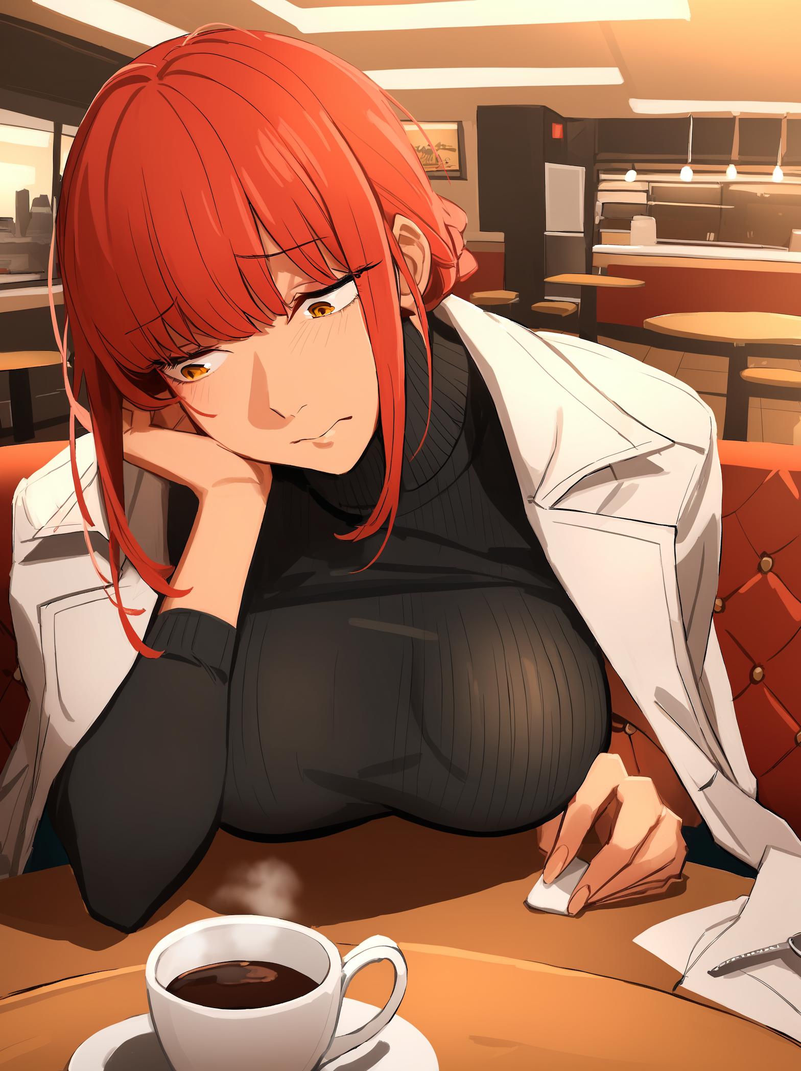 Anime girl with red hair sitting at a table with a cup of coffee - SeaArt AI