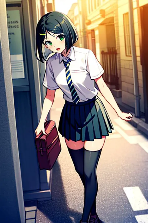 anime girl in school uniform walking down a street with a briefcase