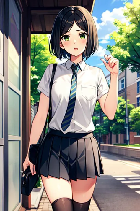 anime girl in school uniform walking down the street with a bag