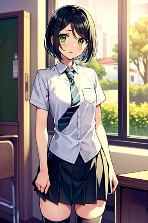 anime girl in school uniform standing in front of a window